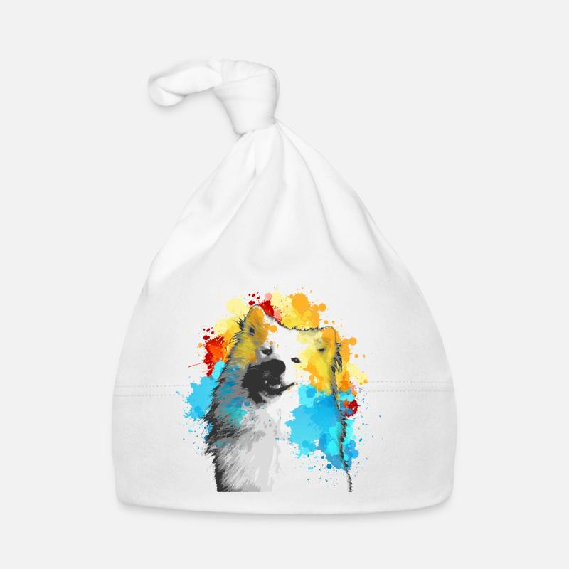 Aquarelle Samoyède multicolore - Bonnet bio Bébé - blanc