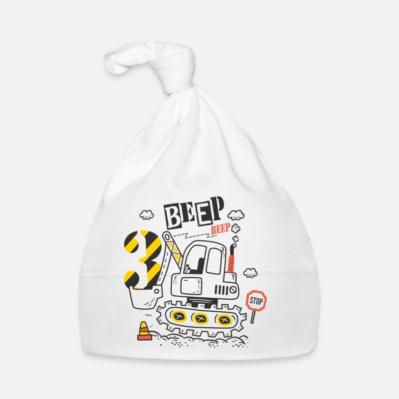 Anniversaire 3 ans garçon Pelleteuse Chantier - Bonnet bio Bébé - blanc
