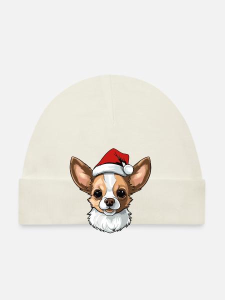 Portrait de Noël tête de chien chihuahua - Bonnet bio Bébé - blanc - Devant