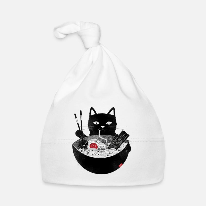 Katze schlürft Ramen Nudelsuppe mit Stäbchen Baby Bio-Mütze