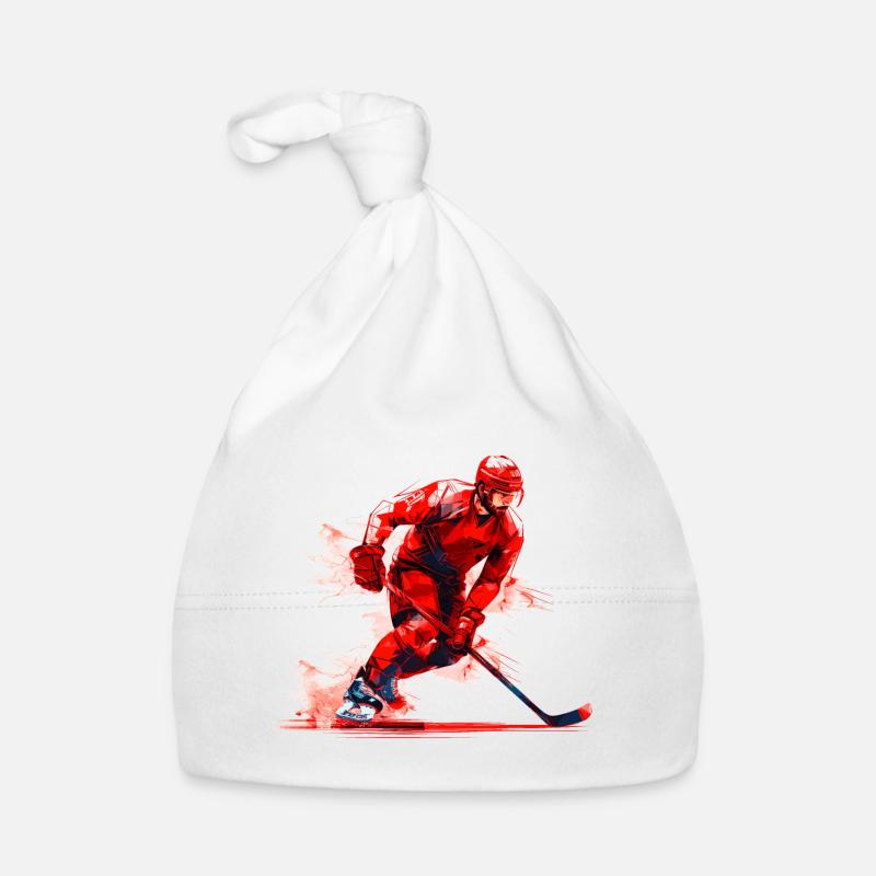 Hockeyspieler mit Hockeyschläger auf Eisbahn, Aquarell Baby Bio-Mütze