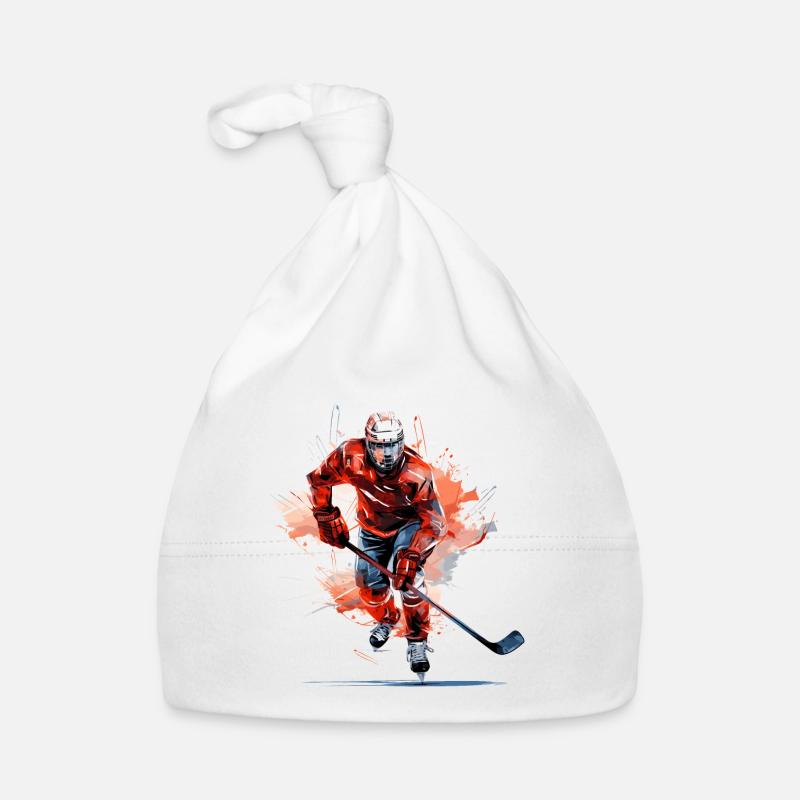 Hockeyspieler mit Hockeyschläger auf der Eisbahn | Aquarell Baby Bio-Mütze