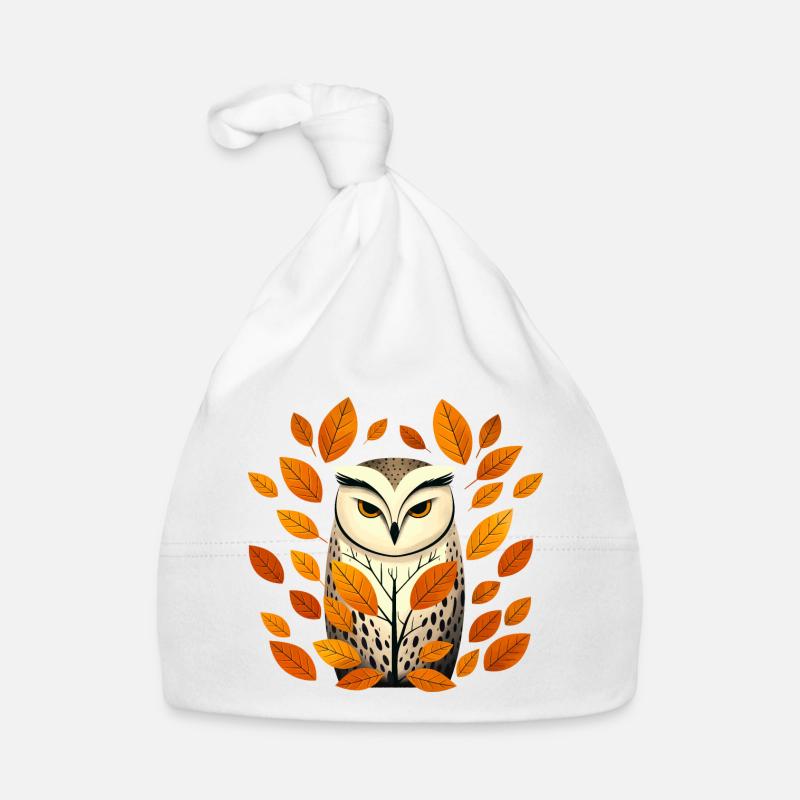 Eule und Herbstblätter - Baby Bio-Mütze - Weiß