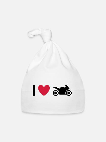 ★ Designfarben änderbar ★ Ich liebe Motorräder - Baby Bio-Mütze - Weiß - Vorne