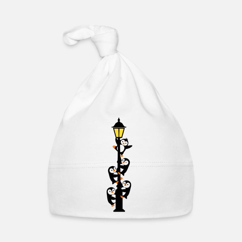 Pingouins autour d'une lampadaire - Bonnet bio Bébé - blanc