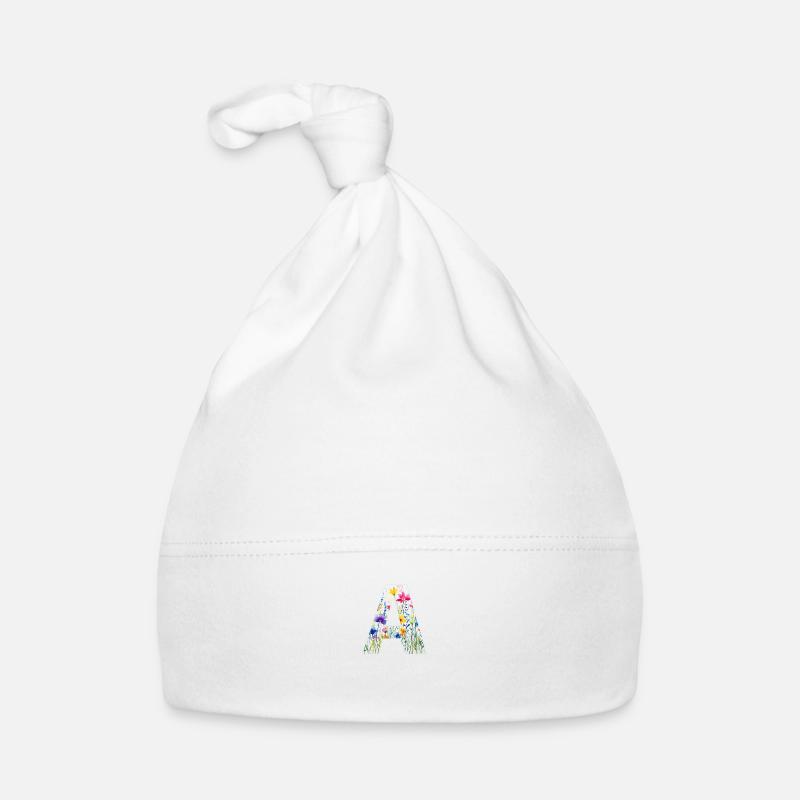 Letter A, Monogram, Floral Pattern - Organic Baby Cap - white