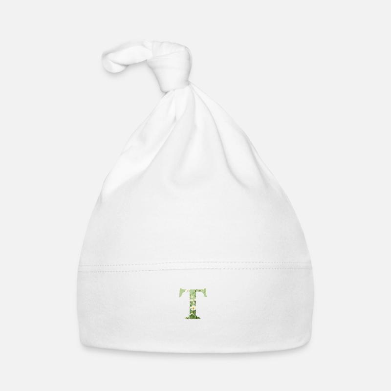 Lettre T, monogramme, motif floral - Bonnet bio Bébé - blanc