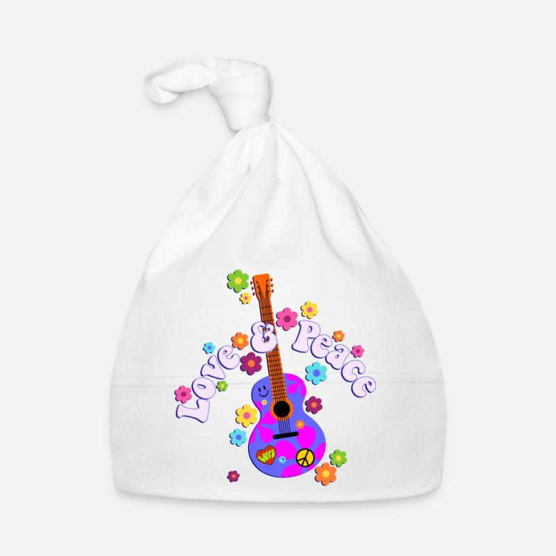 Retro Flower Power Guitar - Love And Peace 1 - Bonnet bio Bébé - blanc
