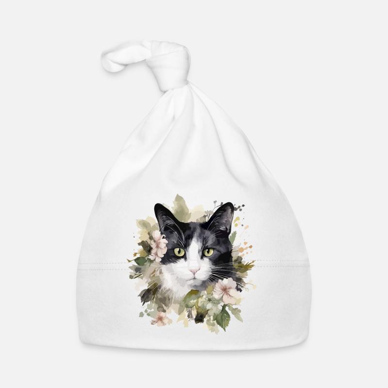 Noir Blanc Chat Fleurs Aquarelle Art Coloré Bonnet bio Bébé