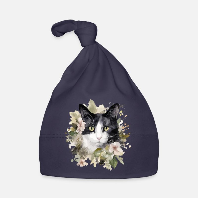 Noir Blanc Chat Fleurs Aquarelle Art Coloré Bonnet bio Bébé