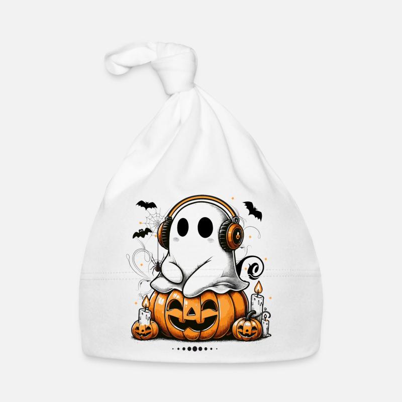 cooler Geist mit Kopfhörern auf Halloween Kürbis Baby Bio-Mütze
