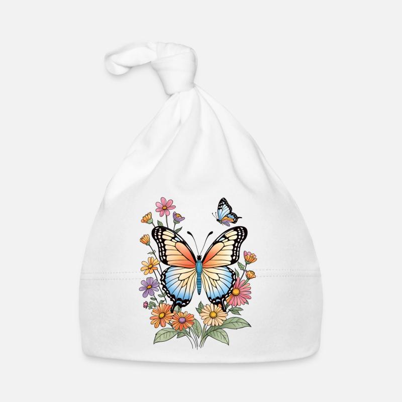 Papillon coloré dans une mer de fleurs - Bonnet bio Bébé - blanc