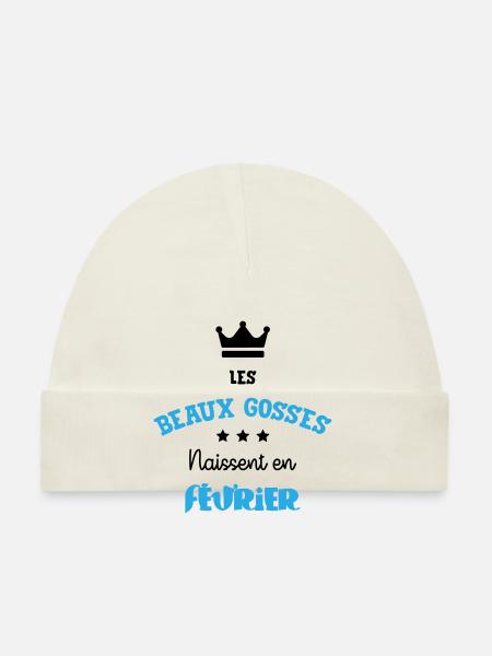 Cadeau naissance bébé garçon Février Beaux Gosses - Bonnet bio Bébé - blanc - Devant