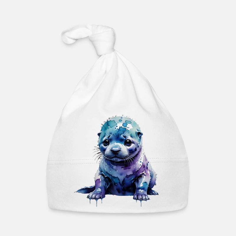 Bébé de phoque aquarelle Violet bleue Bonnet bio Bébé