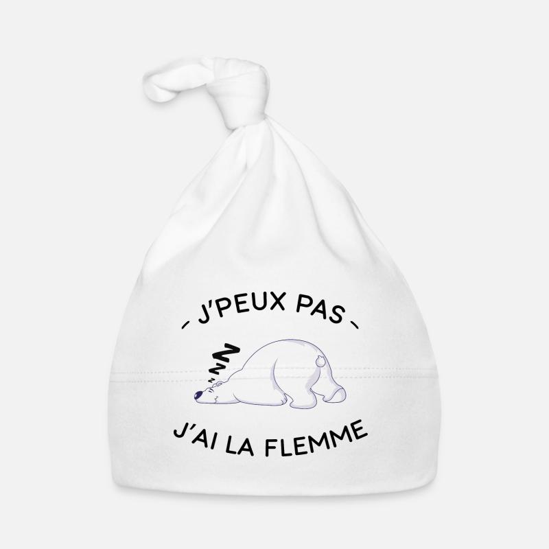 Idée cadeau J'peux pas j'ai la flemme ours blanc - Bonnet bio Bébé - blanc