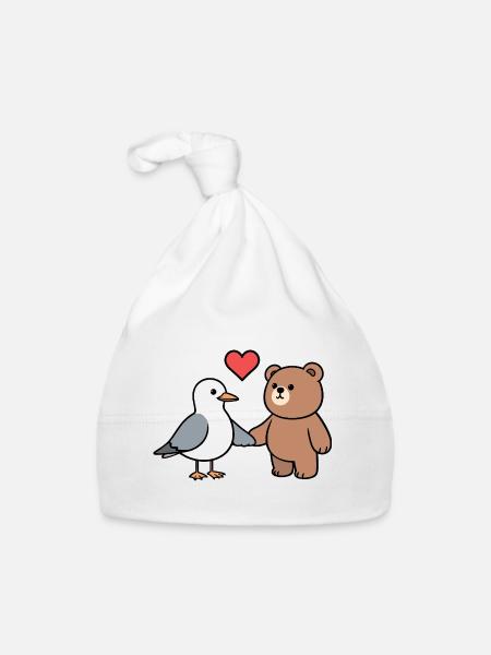 Mouette Ours Brun Amitié Amour Coeur Mains Tenant - Bonnet bio Bébé - blanc - Devant
