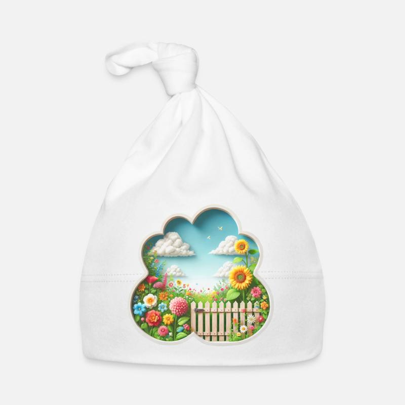 Jardin avec fleur sur prairie fleurie et tournesol - Bonnet bio Bébé - blanc
