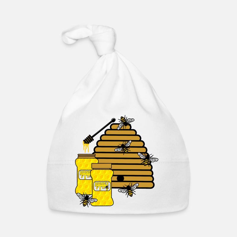 Ruche avec du miel et des abeilles - Bonnet bio Bébé - blanc