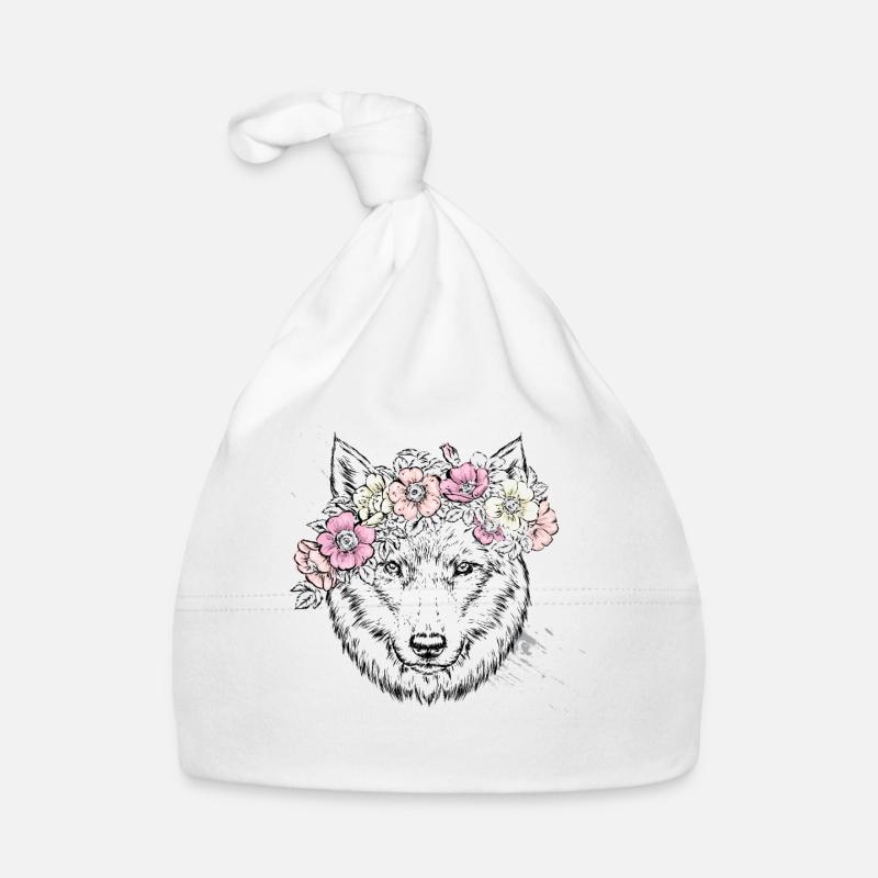 weißer Wolf mit Blumen - Wolf Tshirt Baby Bio-Mütze