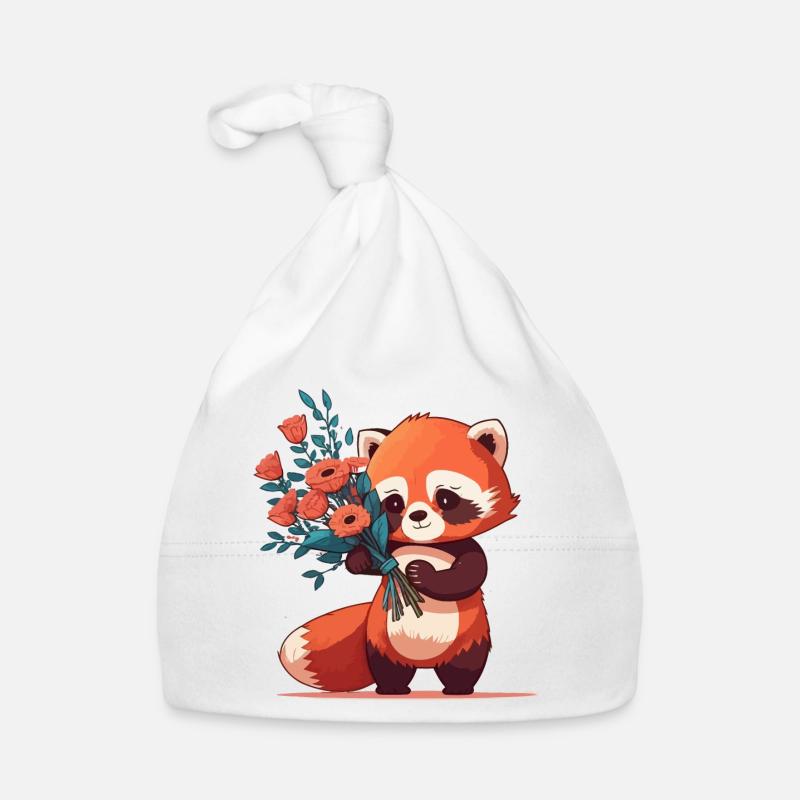 Panda roux à fleurs - Bonnet bio Bébé - blanc