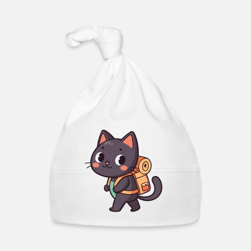 Explorer Cat with Orange Backpack - Organic Baby Cap - white