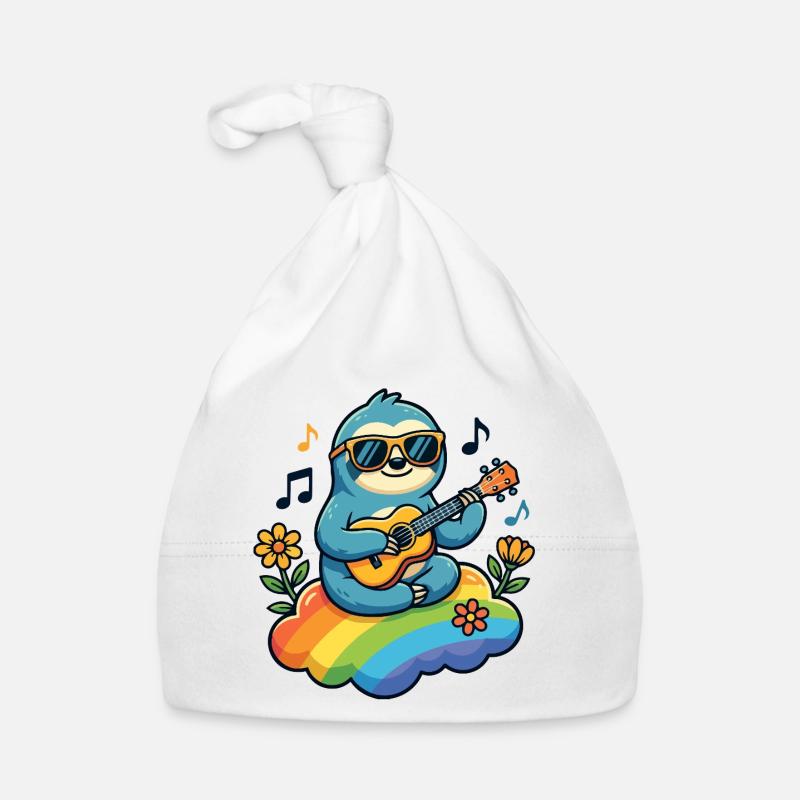 Faultier mit Gitarre auf Regenbogenwolke Hippie Baby Bio-Mütze