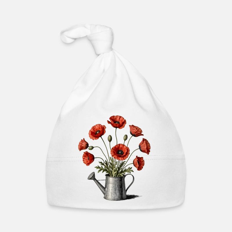 Mohnblumen in einer Gießkanne Baby Bio-Mütze
