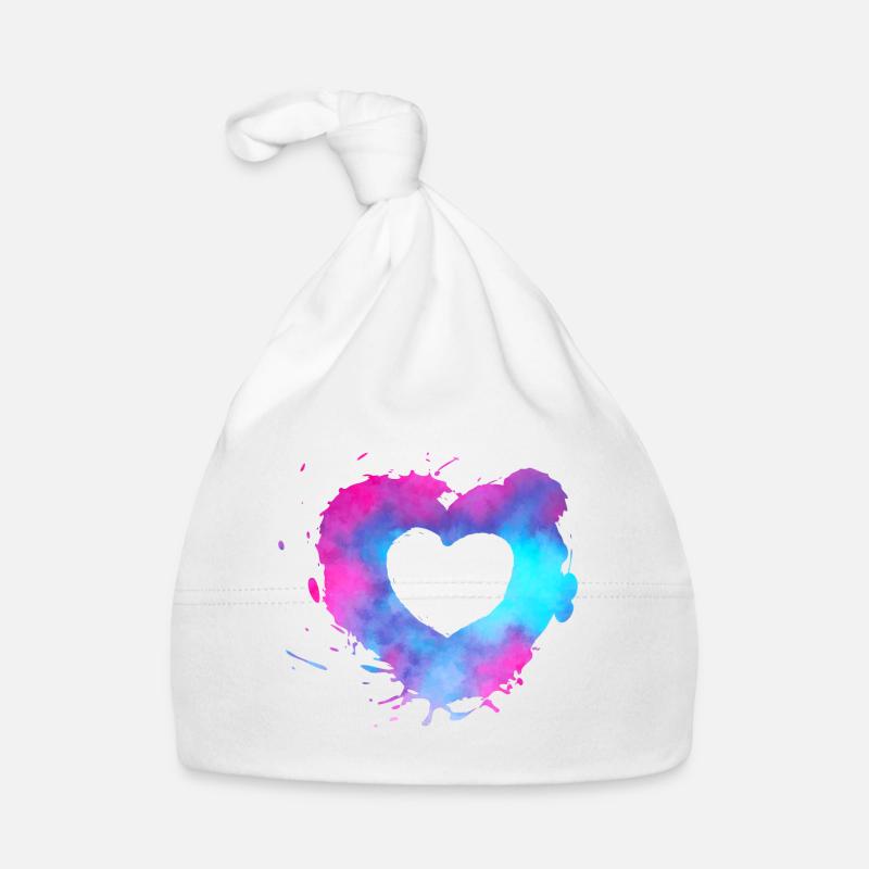 Coeur aquarelle avec des couleurs roses et bleu clair - Bonnet bio Bébé - blanc