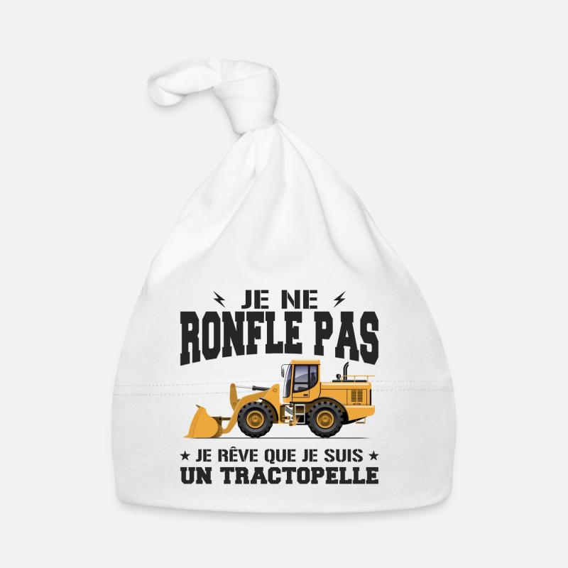 Engin de chantier Tractopelle Ronfler - Bonnet bio Bébé - blanc
