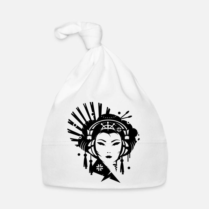 Ein japanisches Mädchen als Geisha mit Kopfhörer Baby Bio-Mütze