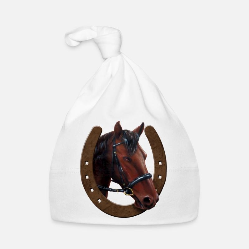 Tête de cheval et fer à cheval - Bonnet bio Bébé - blanc