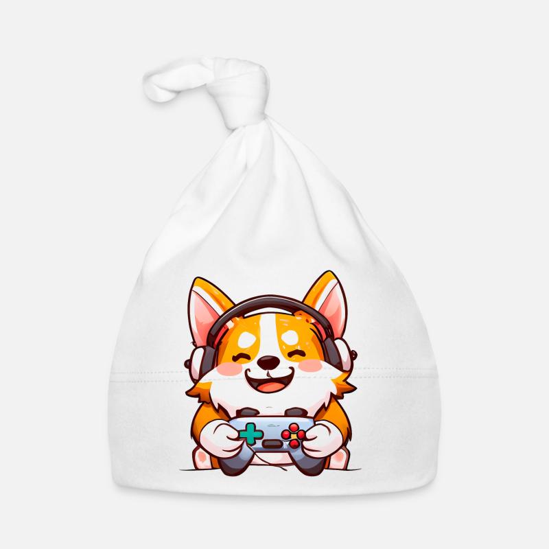 00239 Corgi mit Kopfhörer und Controller Baby Bio-Mütze