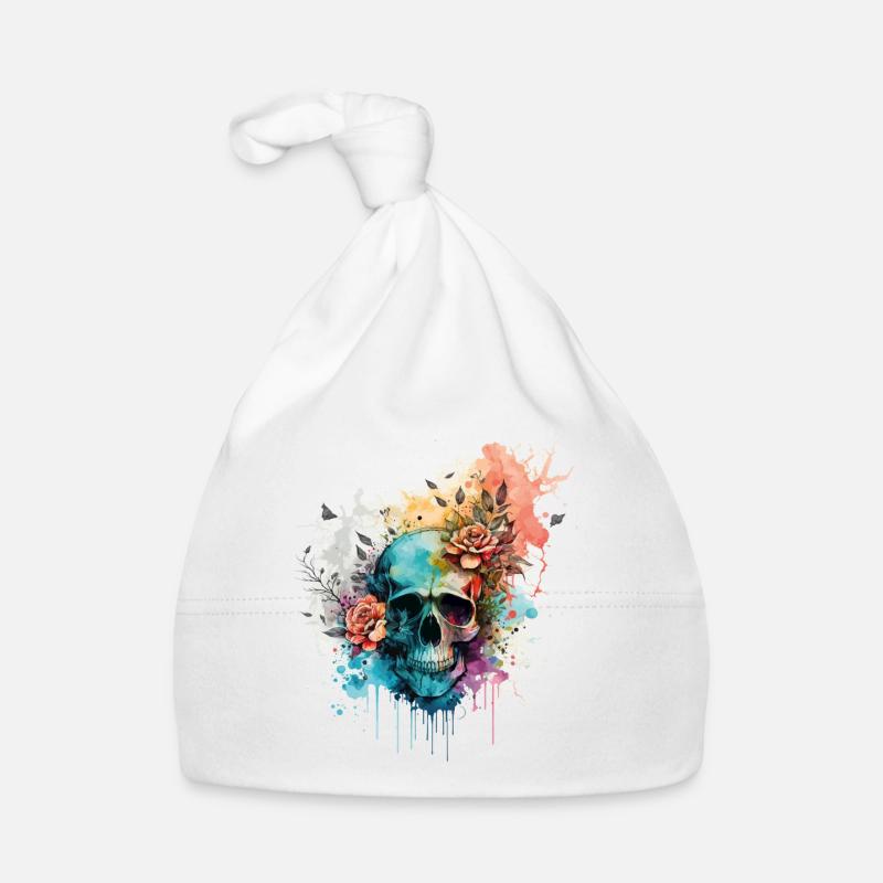 Crâne Squelette Fleurs Roses Splash - Bonnet bio Bébé - blanc
