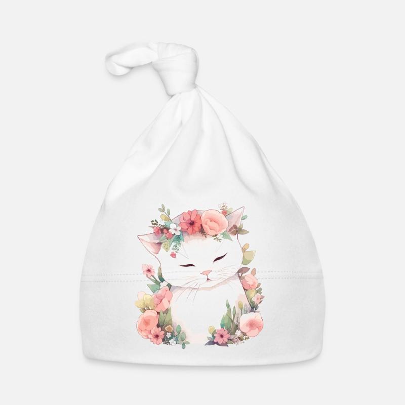 Chat Fleurs Aquarelle Dessin Art Floral Coloré - Bonnet bio Bébé - blanc