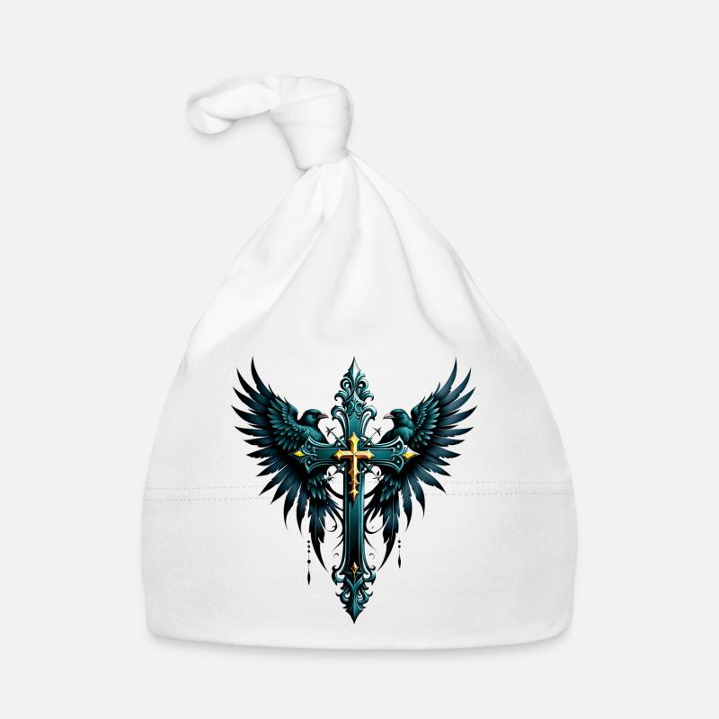 Croix gothique avec des éléments décoratifs et des oiseaux. Bonnet bio Bébé