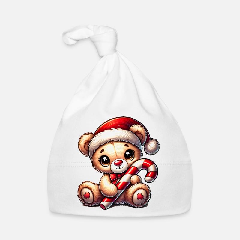Teddy bear with candy cane – Sweet Christmas design Organic Baby Cap