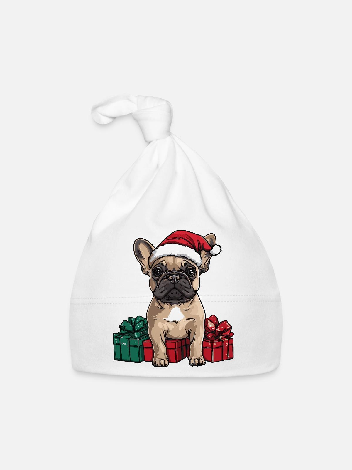 Chien bouledogue français Noël - Bonnet bio Bébé - blanc - Devant