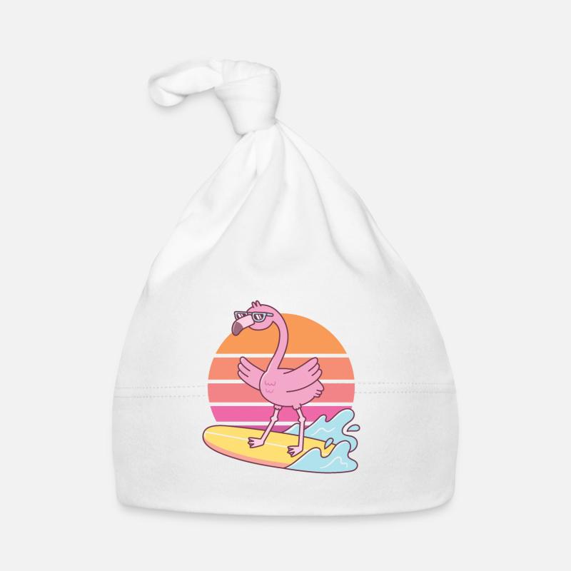 Drôle de Flamingo Surf sur planche de surf Coucher de soleil Bonnet bio Bébé