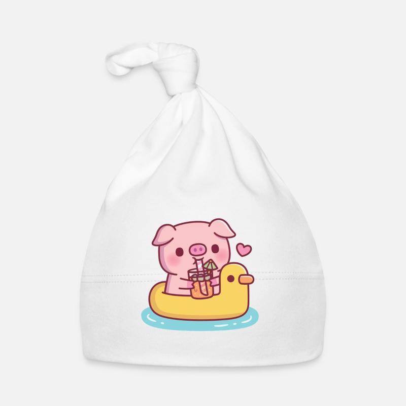 Cute Pig Drinking Orange Juice On Duck Pool Float Organic Baby Cap
