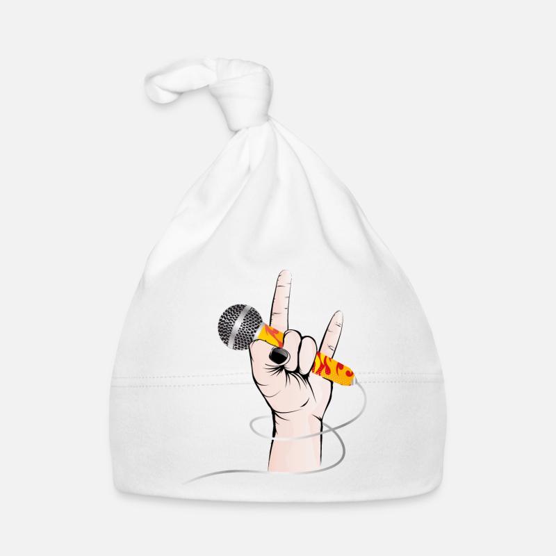 Main d'un chanteur de rock est titulaire d'un microphone de chant - Bonnet bio Bébé - blanc