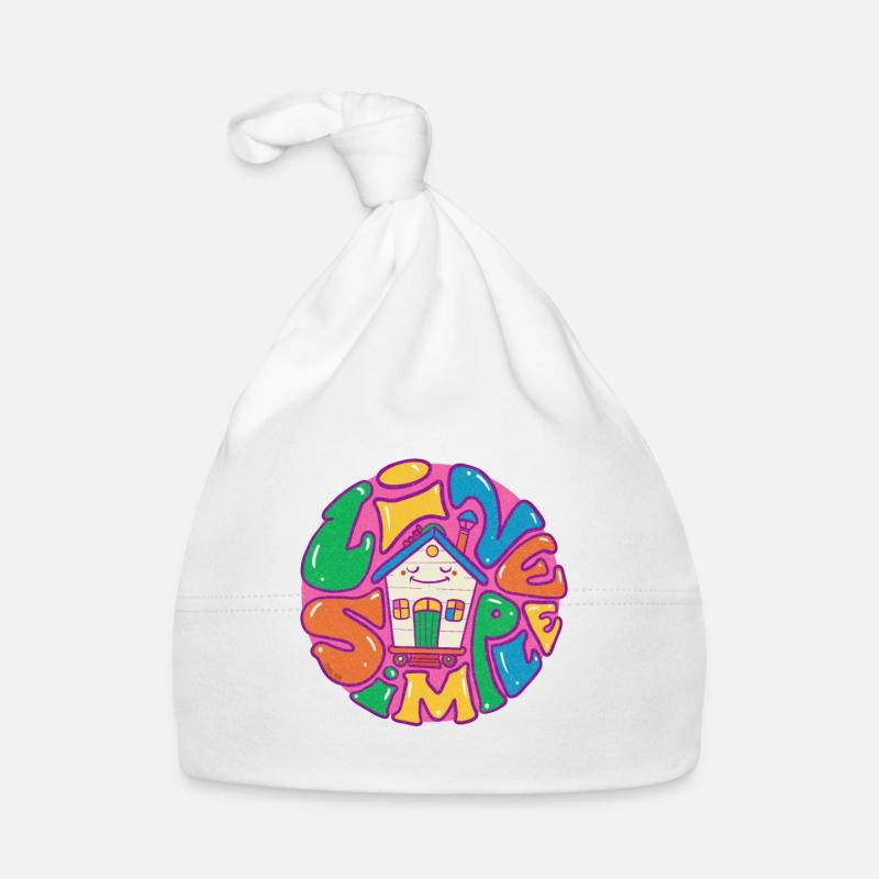 Tiny House Live Simple avec contour violet - Bonnet bio Bébé - blanc
