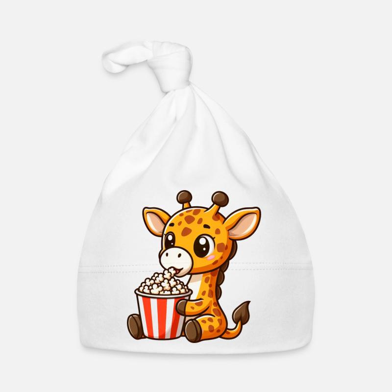 Une girafe fan de cinéma mange du pop-corn - Bonnet bio Bébé - blanc