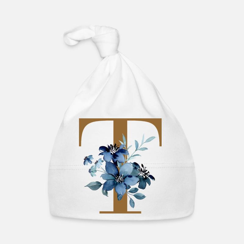 Blaues Blütenmonogramm T Baby Bio-Mütze