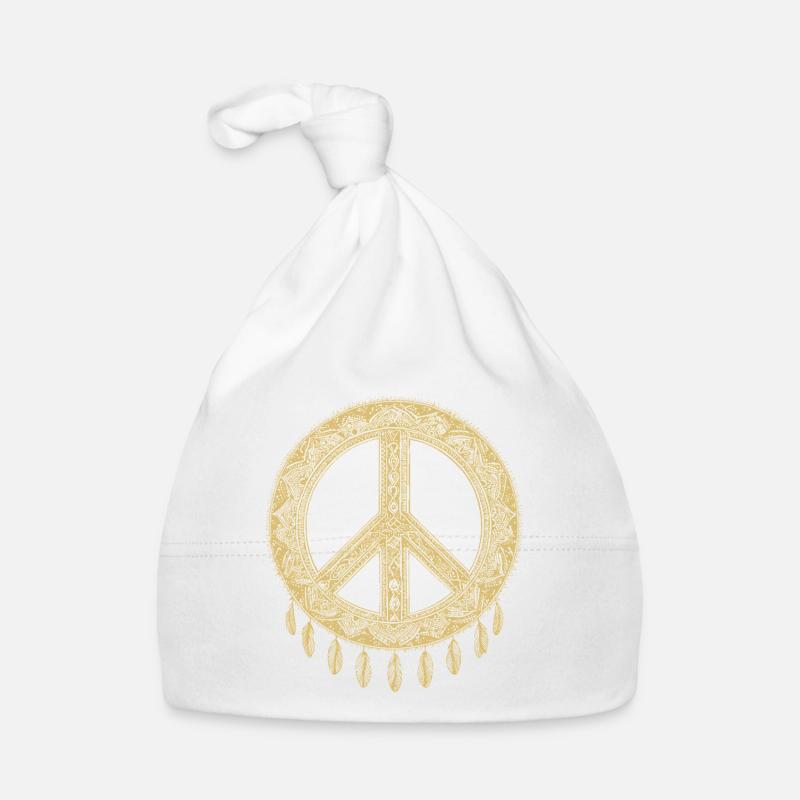 Boho Peace Zeichen mit Federn in Goldoptik Baby Bio-Mütze