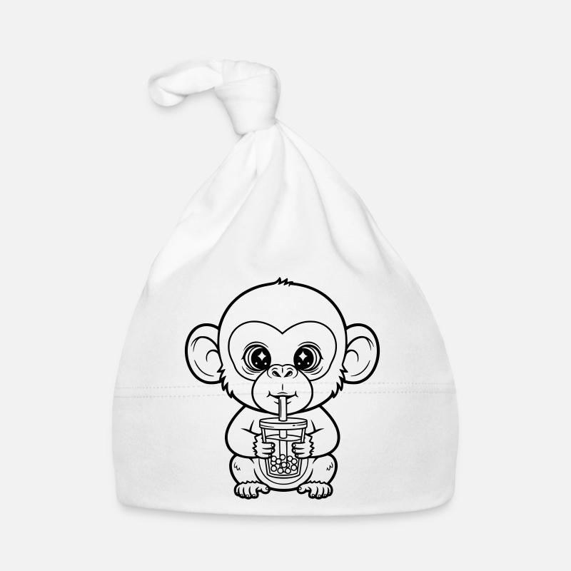 Niedlicher Affe mit Bubble Tea Line Art Design Baby Bio-Mütze