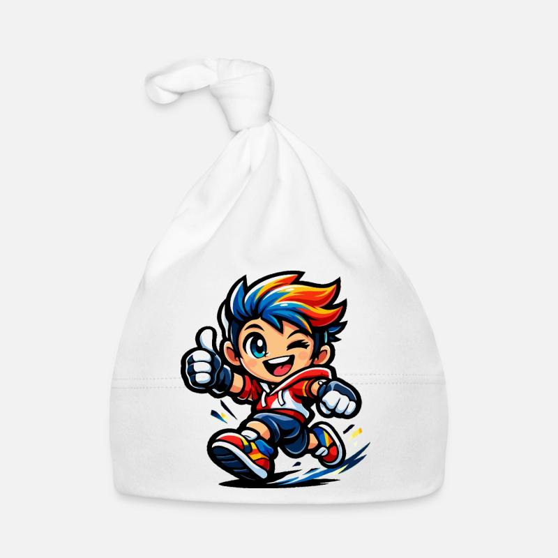 Farbenfroher Regenbogenheld in Aktion Baby Bio-Mütze