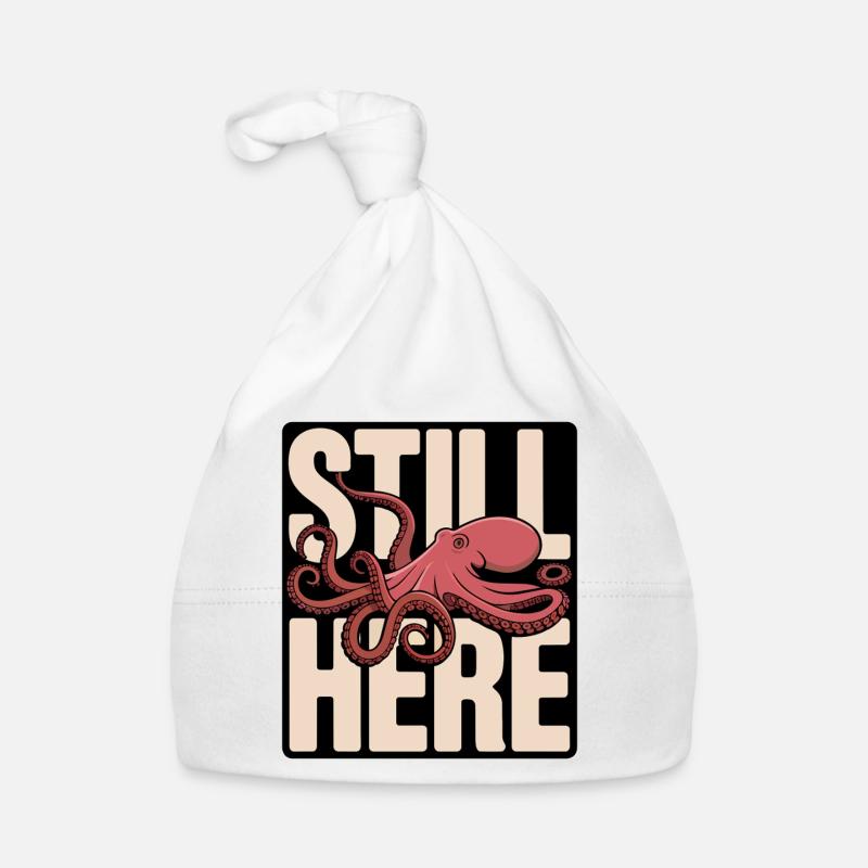Pieuvre dans le lettrage « Still Here » - Bonnet bio Bébé - blanc