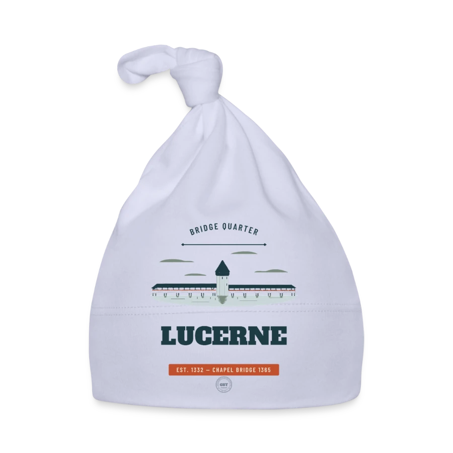 Lucerne badge on a organic baby cap, sky