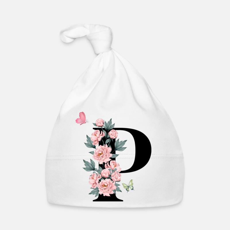 Lettre p fleurs rose - Bonnet bio Bébé - blanc