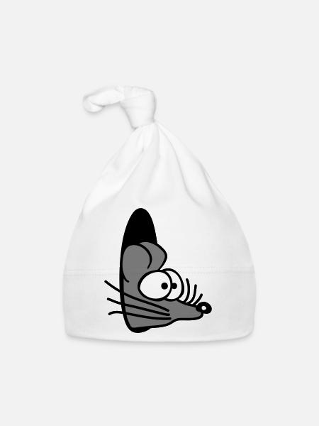 Maus Wand Loch Mauseloch Guckt Süß Lustig Comic - Baby Bio-Mütze - Weiß - Vorne